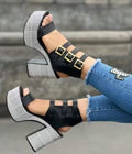 sandalias negro taco blanco